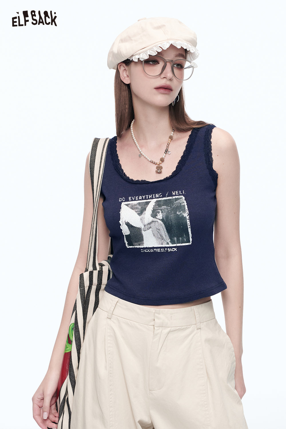 ELFSACK Sweet Kitten Print Lace Camisole Women Sexy Short Tank Tops