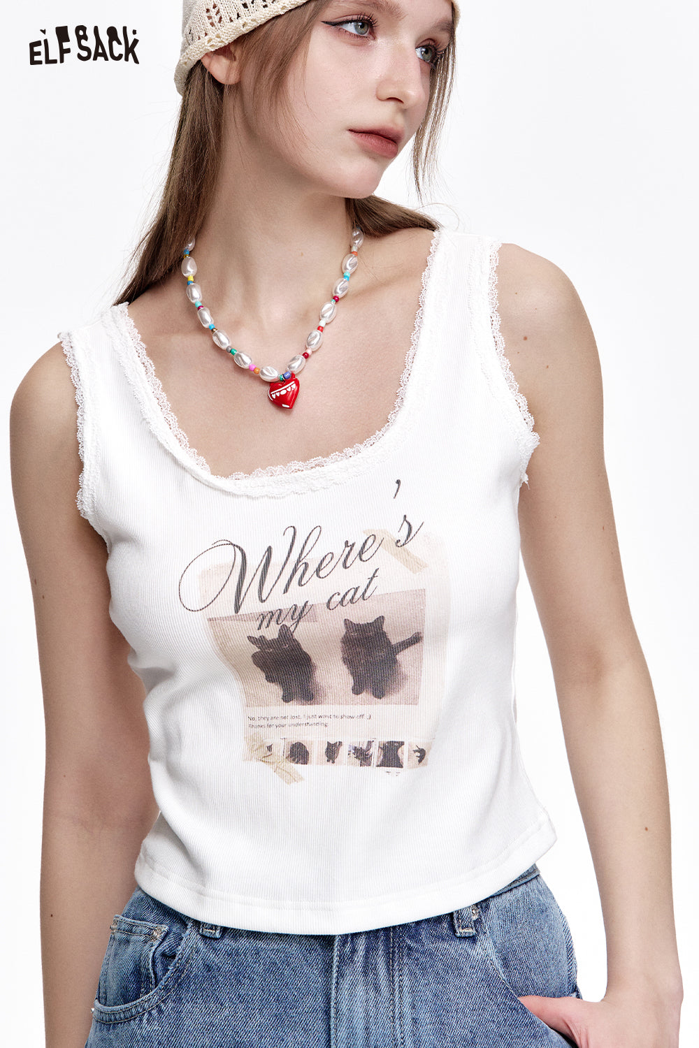 ELFSACK Sweet Kitten Print Lace Camisole Women Sexy Short Tank Tops