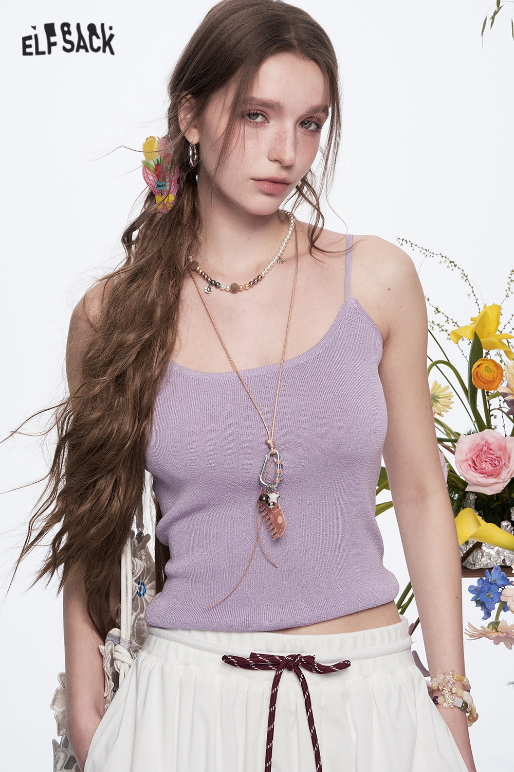 ELFSACK Y2K Beaded Straps Slim Fit Knit Camisole Women's Dopamine Solid Color Tank Tops
