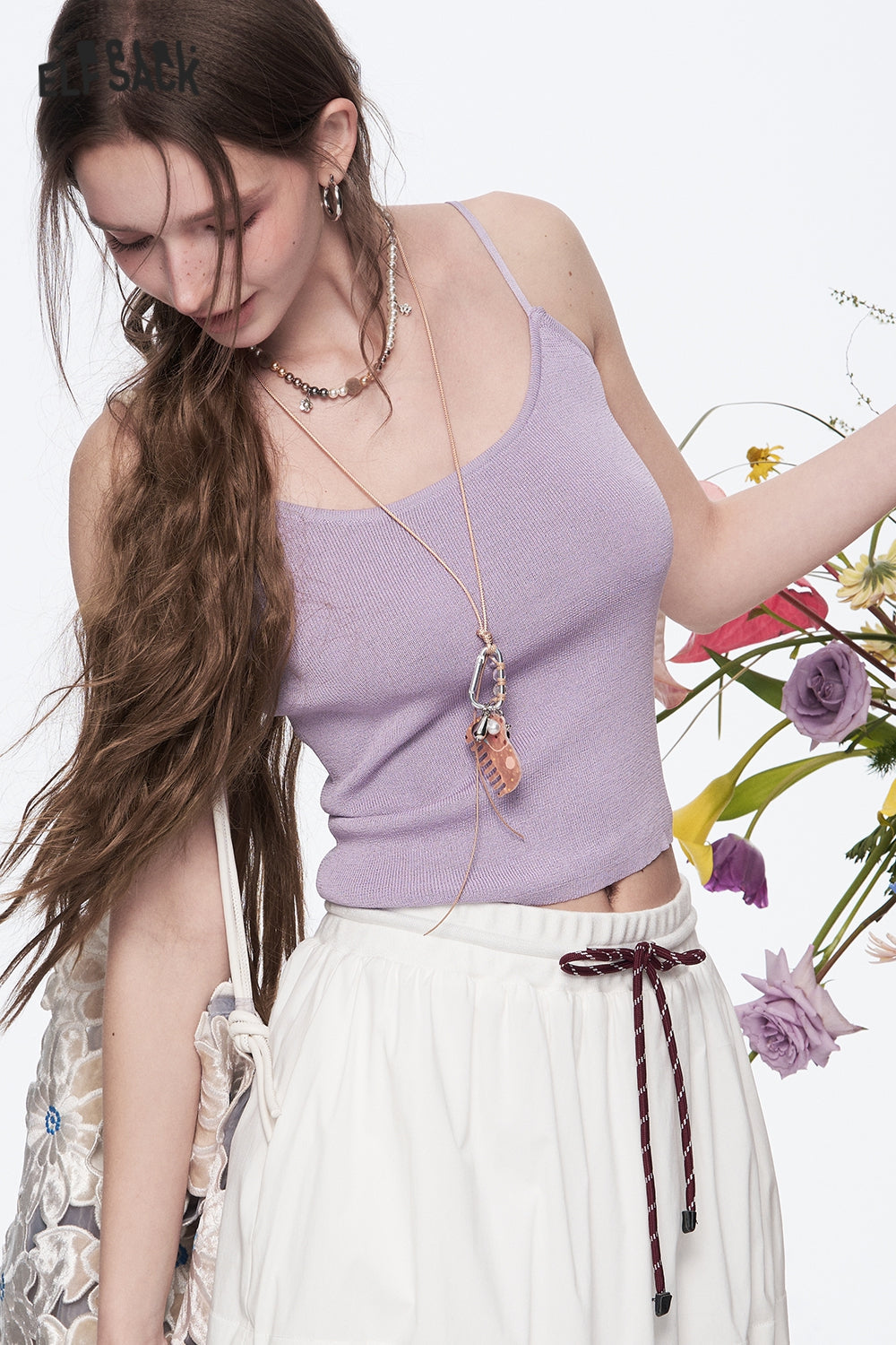 ELFSACK Y2K Beaded Straps Slim Fit Knit Camisole Women's Dopamine Solid Color Tank Tops