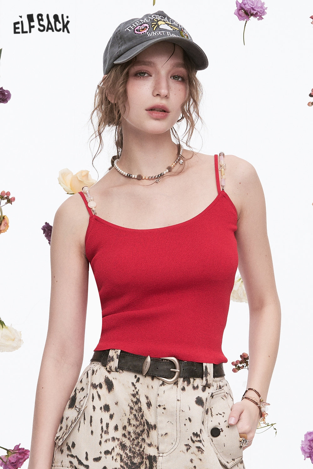 ELFSACK Y2K Beaded Straps Slim Fit Knit Camisole Women's Dopamine Solid Color Tank Tops