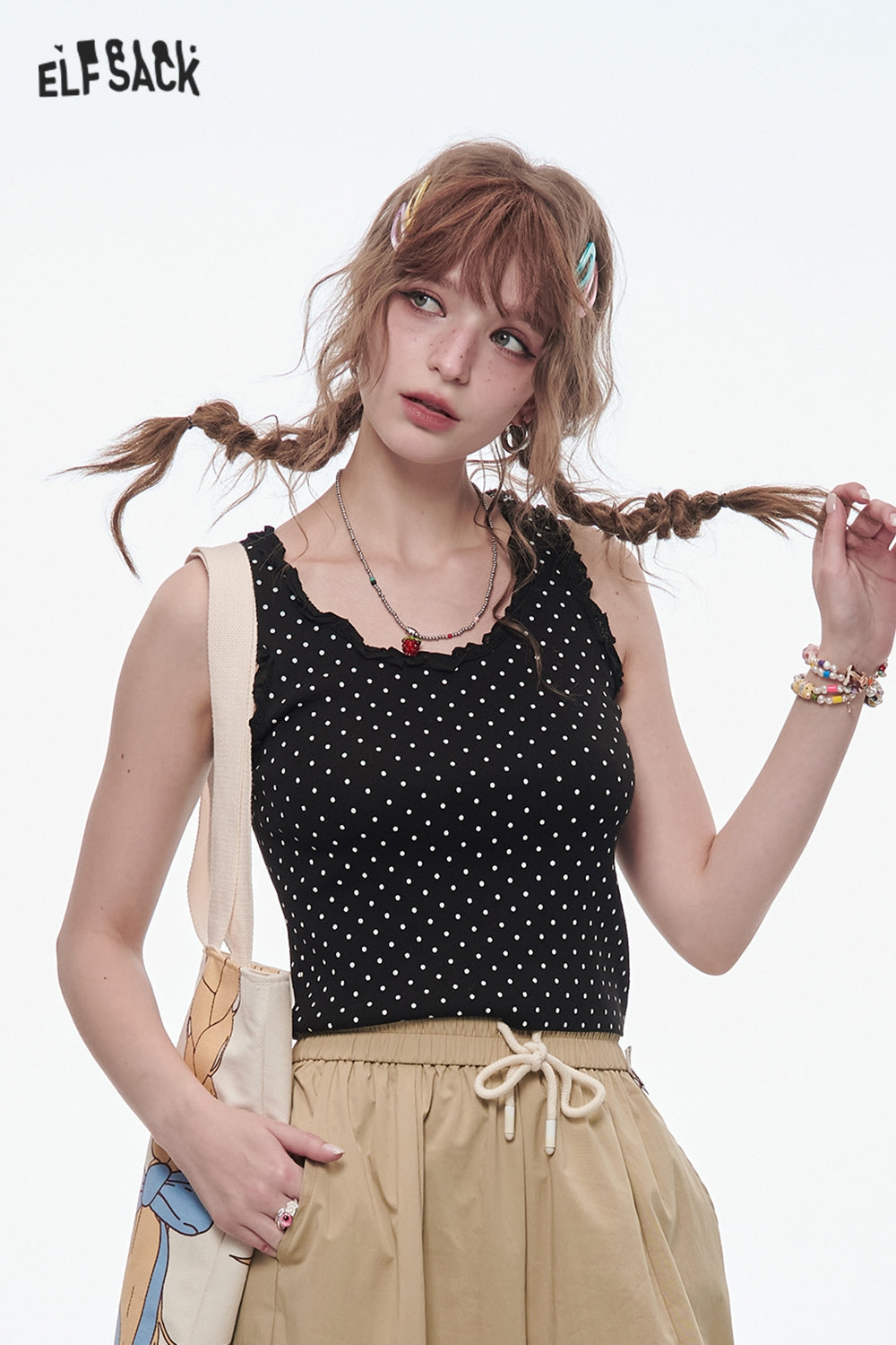 ELFSACK Sweet Lace Splicing Polkadot Slim Camisole Women Printed Tank Tops