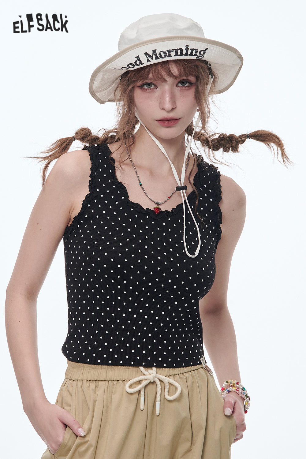 ELFSACK Sweet Lace Splicing Polkadot Slim Camisole Women Printed Tank Tops