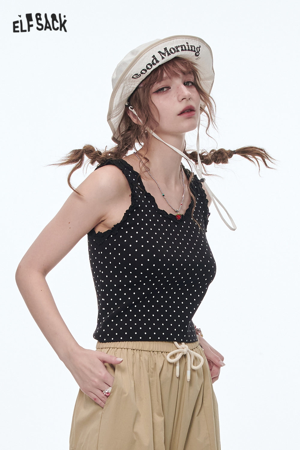 ELFSACK Sweet Lace Splicing Polkadot Slim Camisole Women Printed Tank Tops