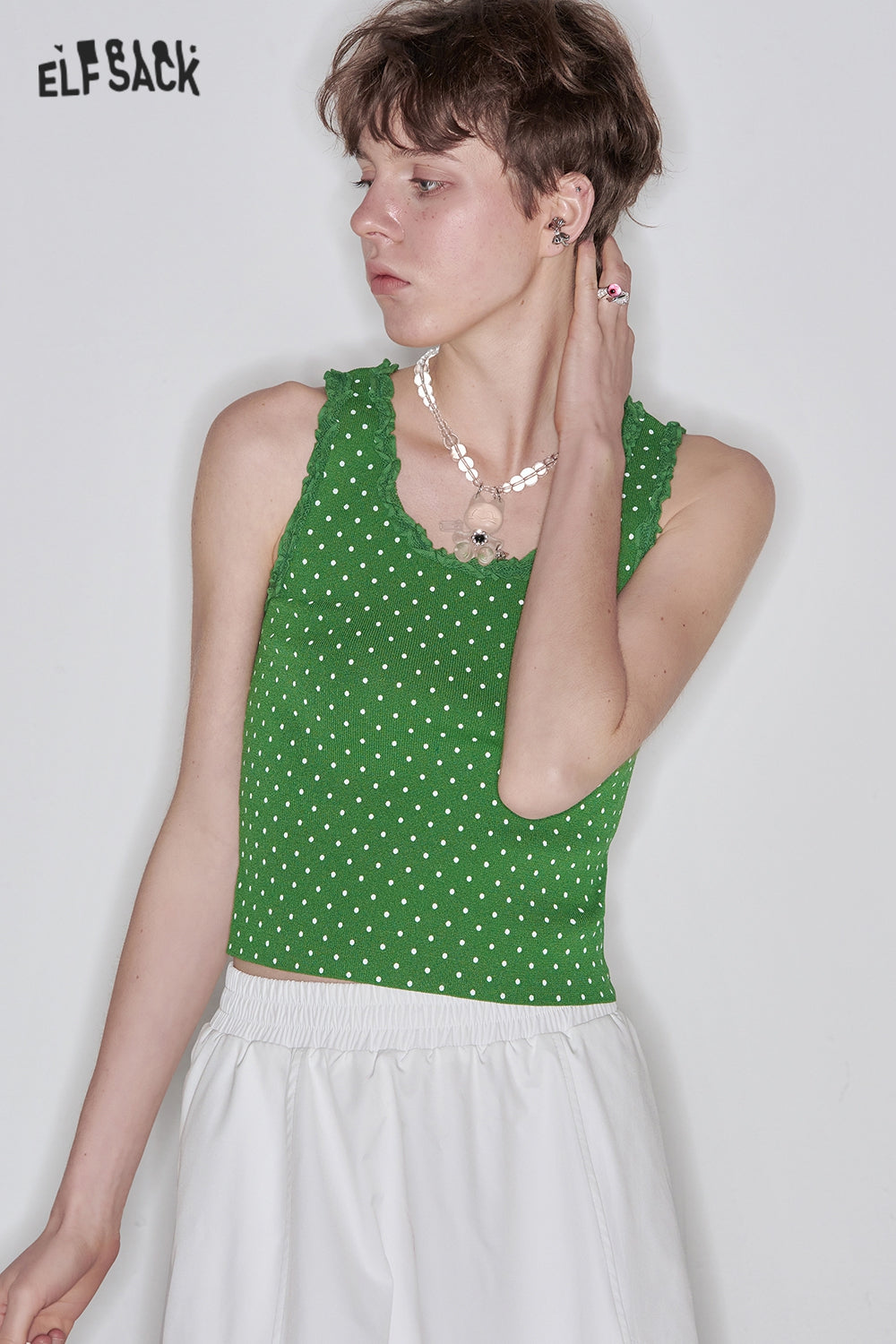 ELFSACK Sweet Lace Splicing Polkadot Slim Camisole Women Printed Tank Tops