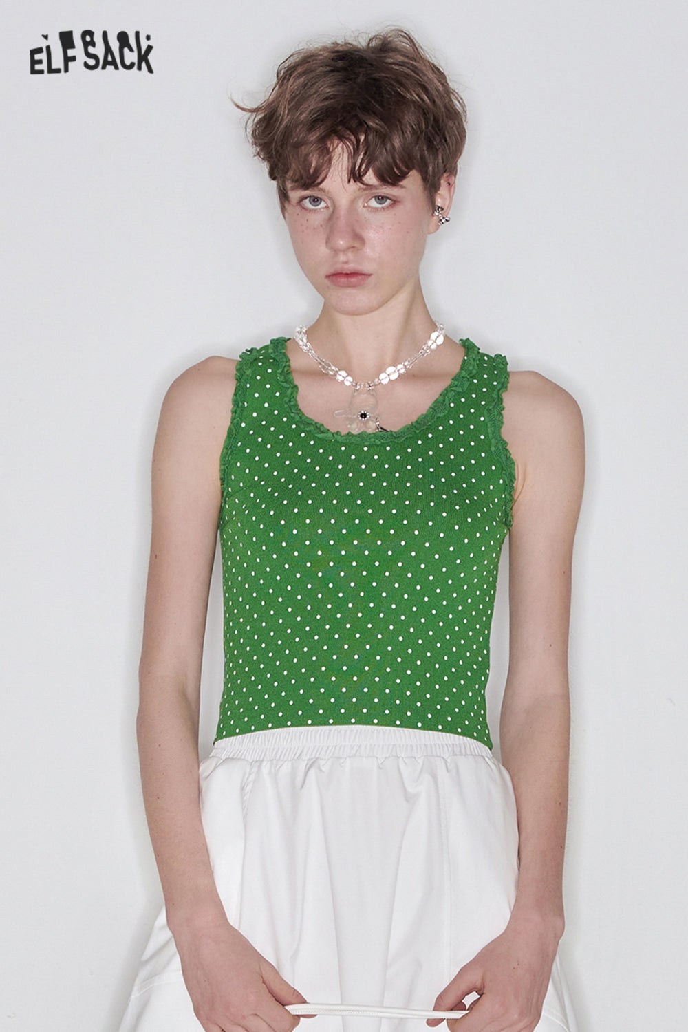 ELFSACK Sweet Lace Splicing Polkadot Slim Camisole Women Printed Tank Tops