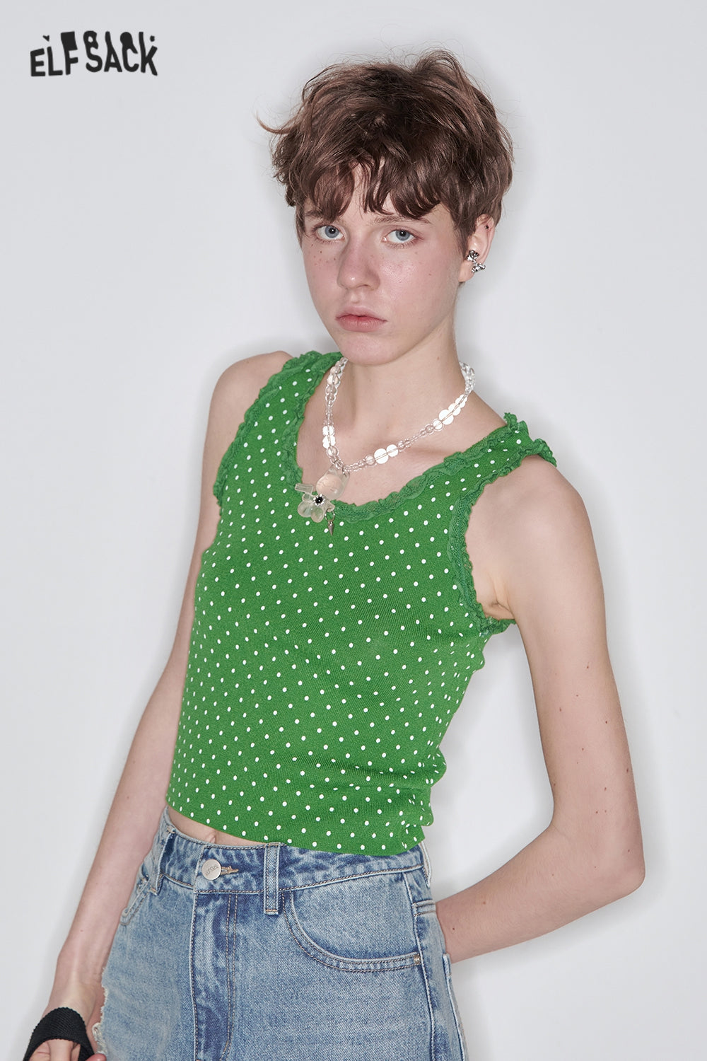 ELFSACK Sweet Lace Splicing Polkadot Slim Camisole Women Printed Tank Tops
