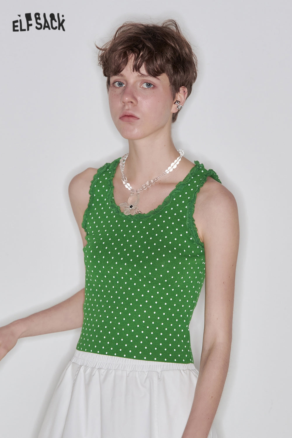 ELFSACK Sweet Lace Splicing Polkadot Slim Camisole Women Printed Tank Tops