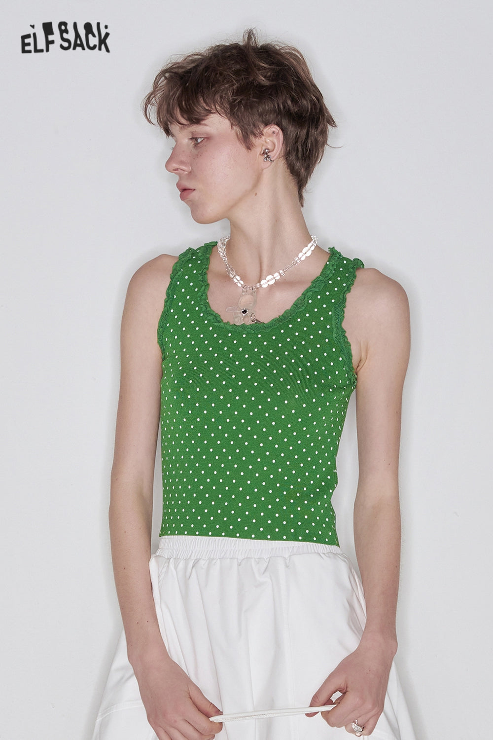 ELFSACK Sweet Lace Splicing Polkadot Slim Camisole Women Printed Tank Tops