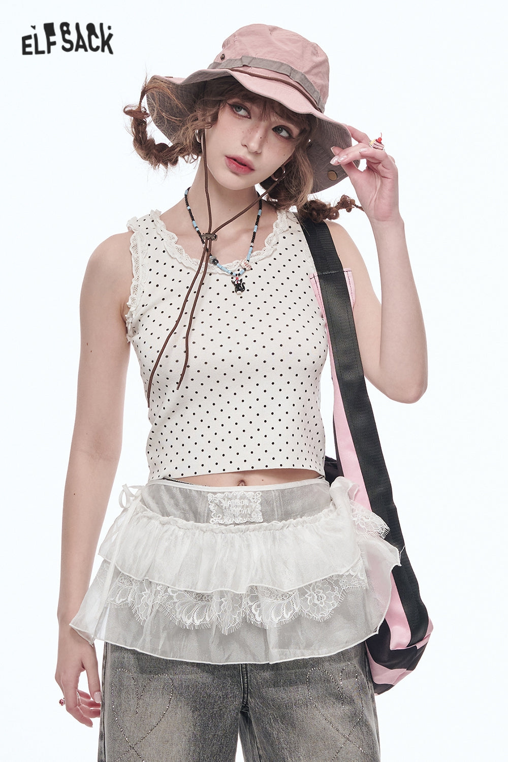 ELFSACK Sweet Lace Splicing Polkadot Slim Camisole Women Printed Tank Tops
