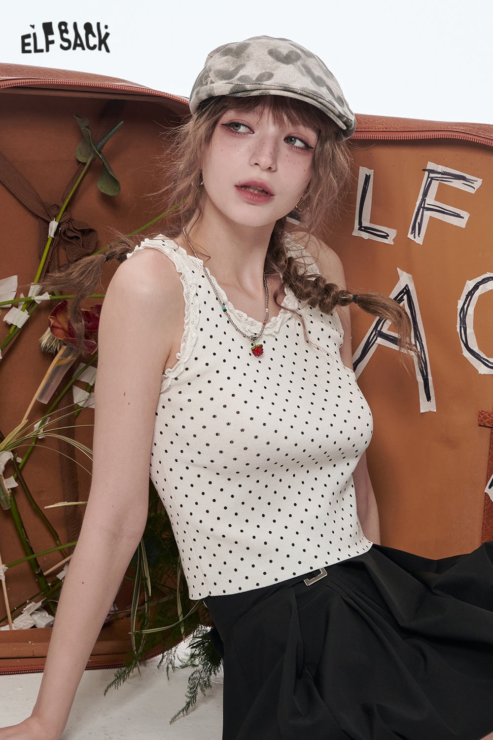 ELFSACK Sweet Lace Splicing Polkadot Slim Camisole Women Printed Tank Tops