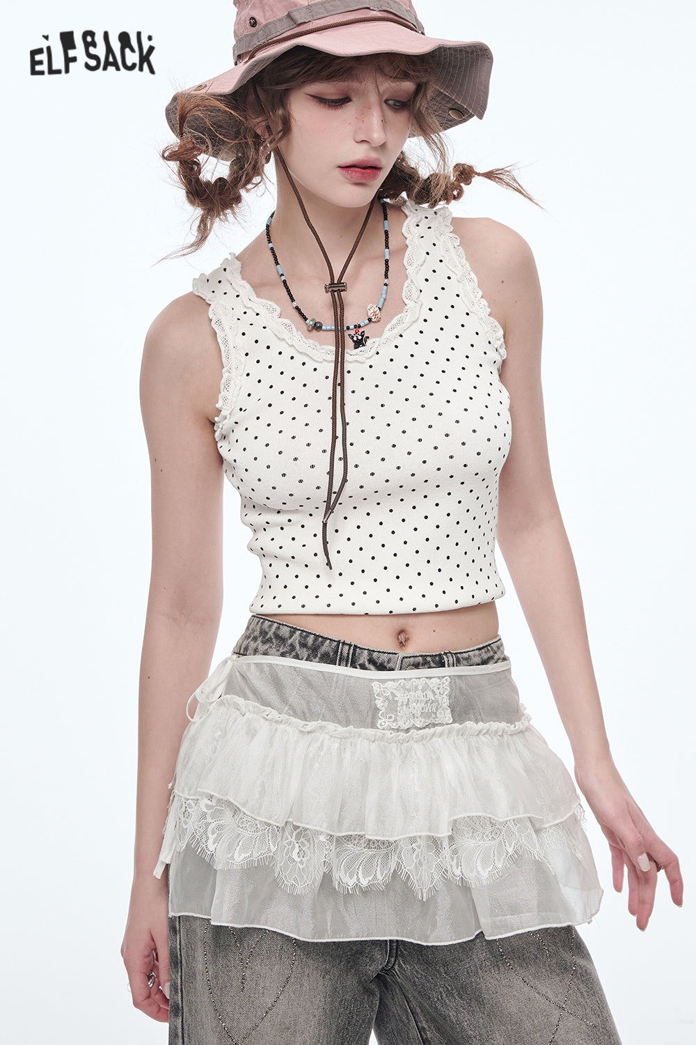 ELFSACK Sweet Lace Splicing Polkadot Slim Camisole Women Printed Tank Tops