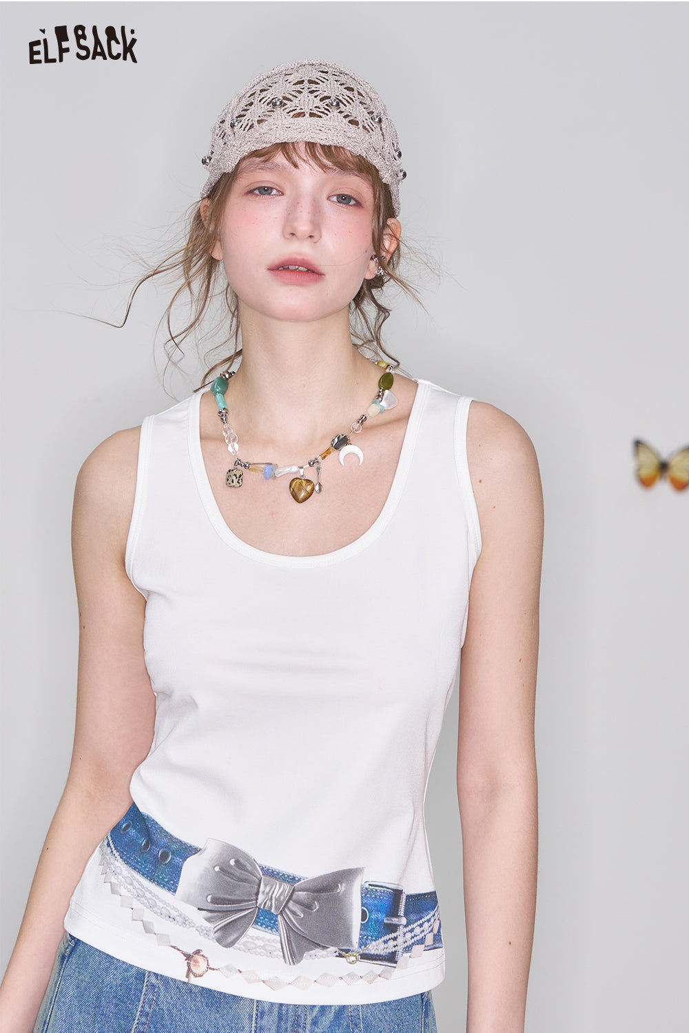 ELFSACK Y2K Bowknot Print White Sleeveless Camisole Women