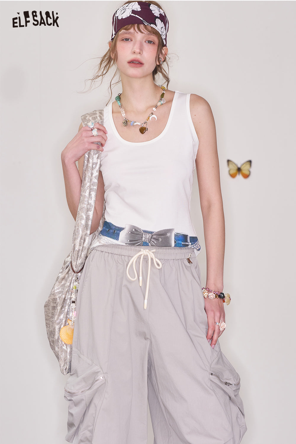 ELFSACK Y2K Bowknot Print White Sleeveless Camisole Women