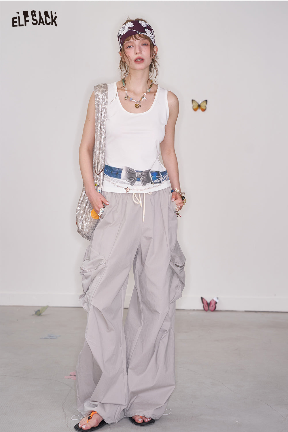 ELFSACK Y2K Bowknot Print White Sleeveless Camisole Women