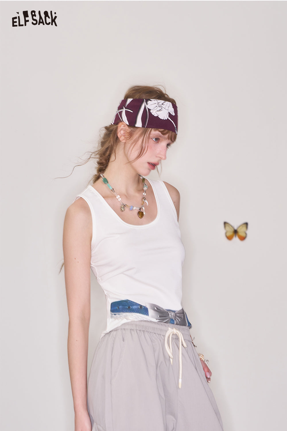 ELFSACK Y2K Bowknot Print White Sleeveless Camisole Women