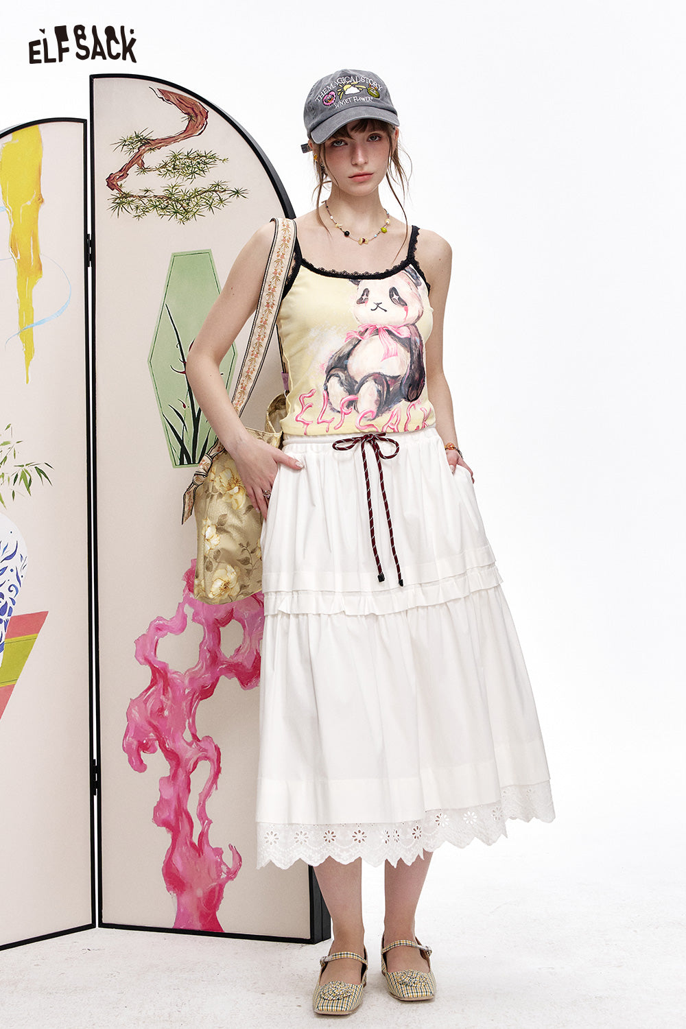 ELFSACK Lace patchwork panda print suspender