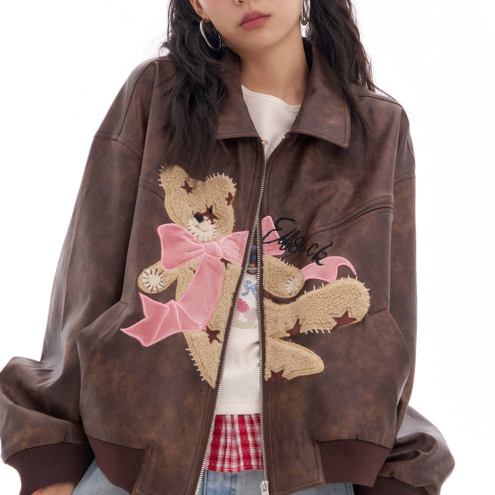 ELFSACK 2025 Spring New Arrivals Sweet and cool bear coffee retro pu leather jacket for women Lapel zipper top