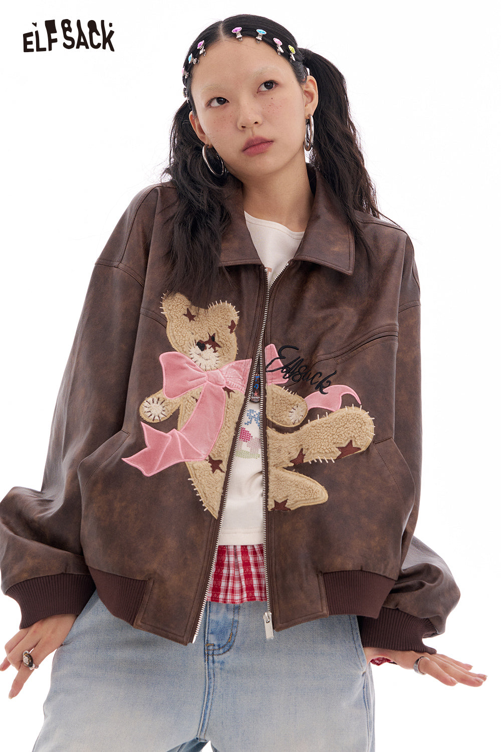 ELFSACK 2025 Spring New Arrivals Sweet and cool bear coffee retro pu leather jacket for women Lapel zipper top