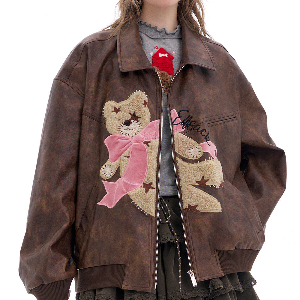 ELFSACK 2025 Spring New Arrivals Sweet and cool bear coffee retro pu leather jacket for women Lapel zipper top