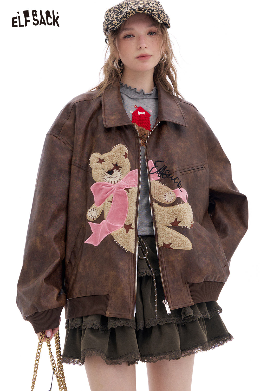 ELFSACK 2025 Spring New Arrivals Sweet and cool bear coffee retro pu leather jacket for women Lapel zipper top