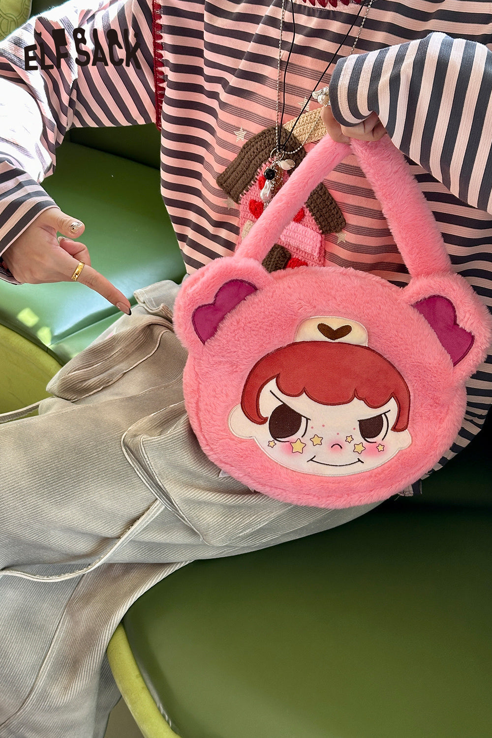 ELFSACK [Ai Maomao] Pink Plush Handbag Cute Cartoon Girly Bag