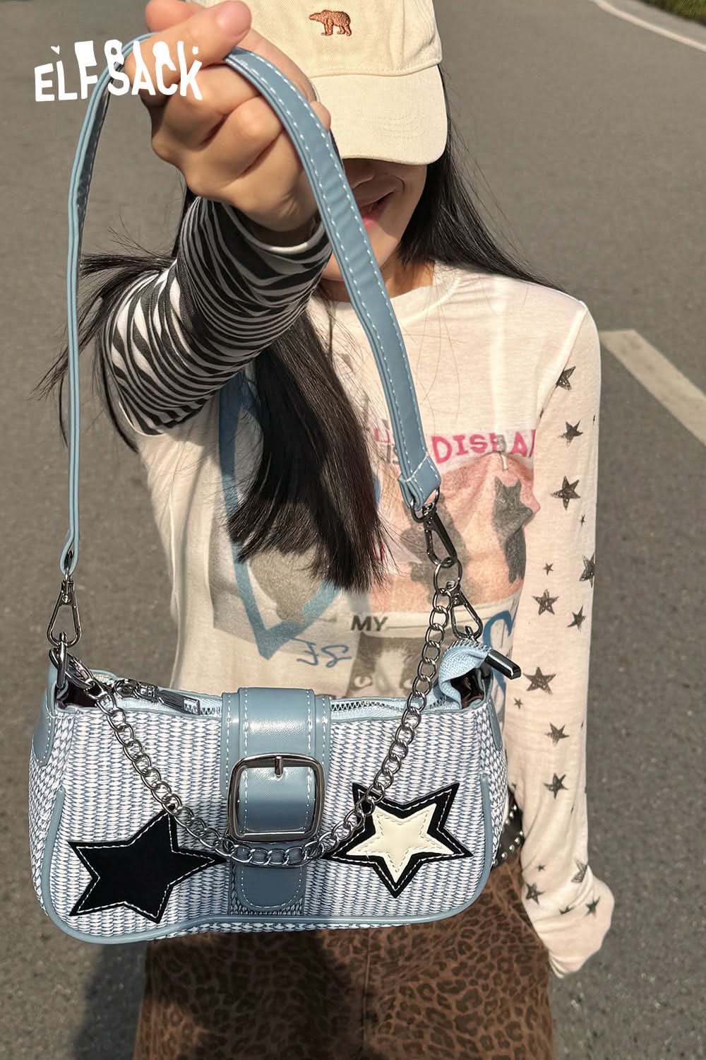 ELFSACK Y2K Vintage Star Denim Shoulder Bag Female Hand Bags