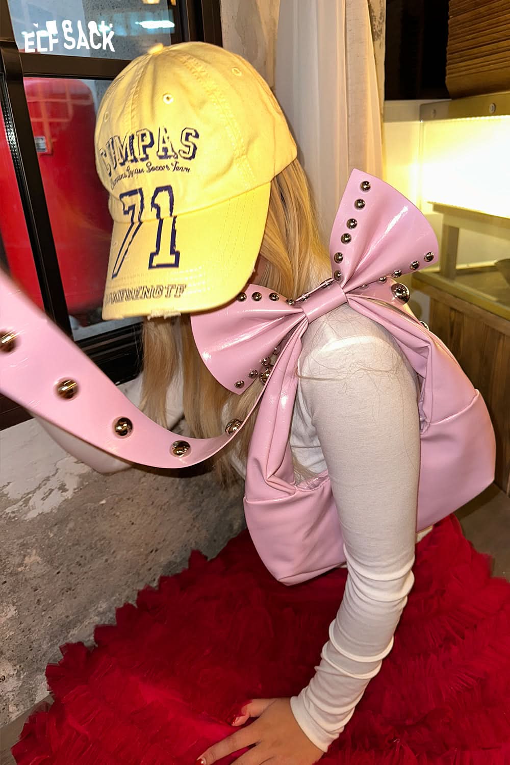 ELFSACK Y2K Sweet Cool Punk Rivet Bow Hand Bag Women