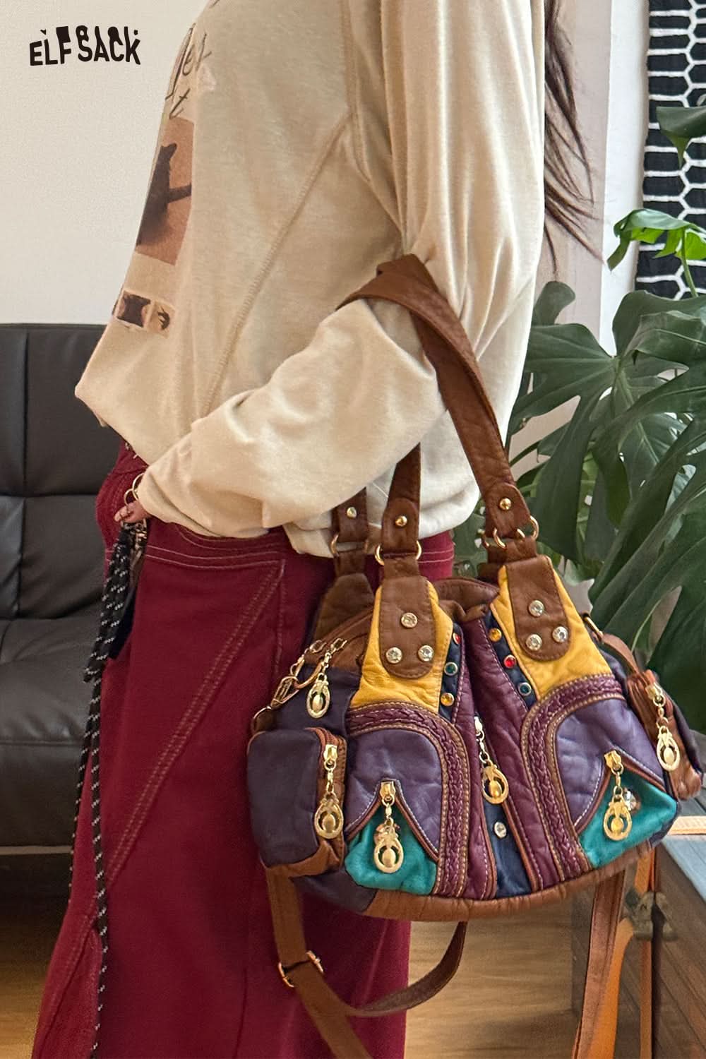 ELFSACK Retro PU Diamonds Shoulder Bag Women Casual Trendy Female Hand Bags