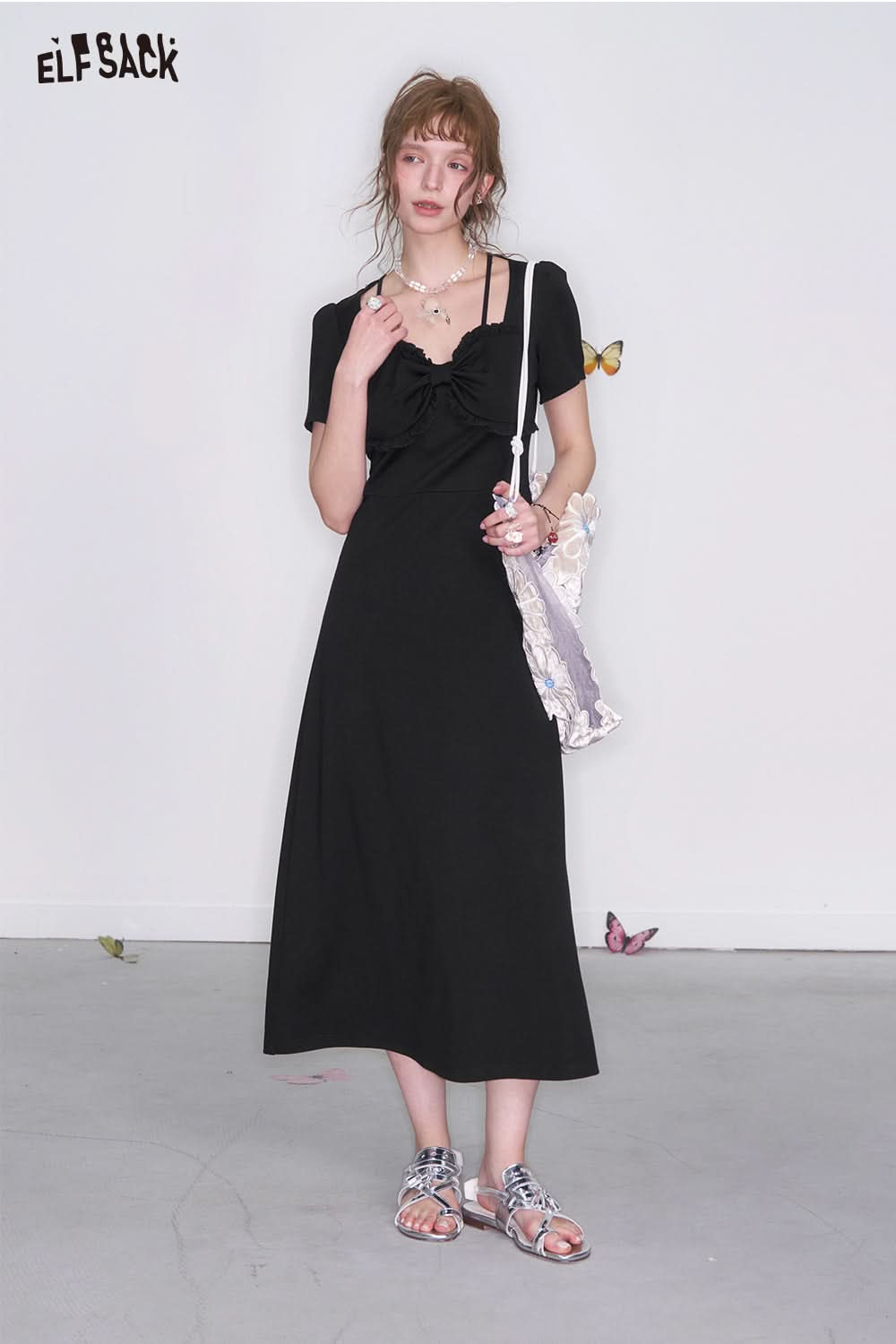 ELFSACK Elegant black bow short sleeve A-line dress