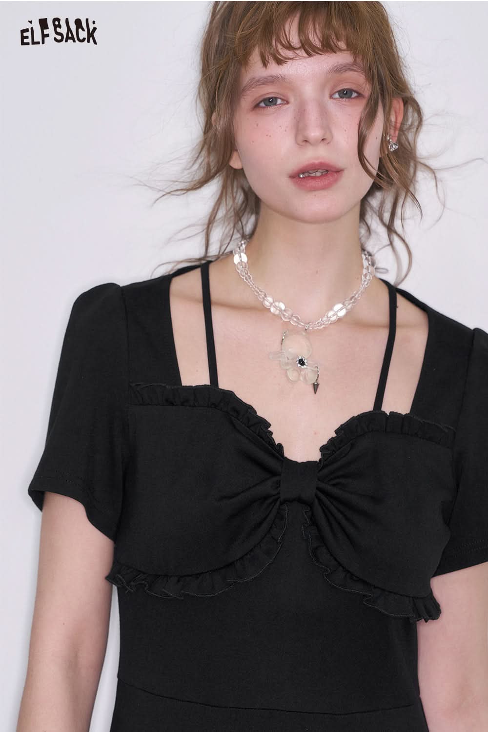 ELFSACK Elegant black bow short sleeve A-line dress