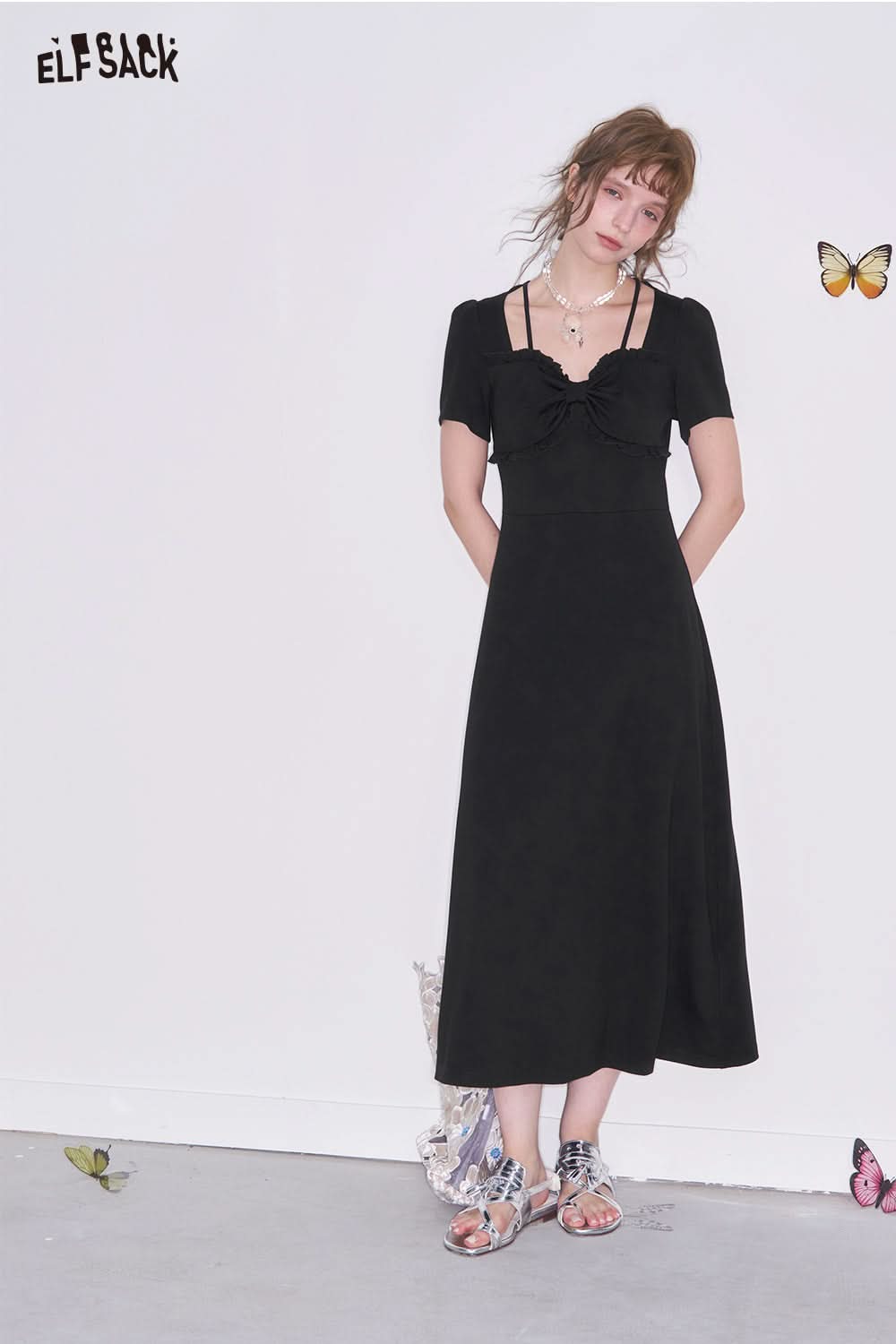 ELFSACK Elegant black bow short sleeve A-line dress