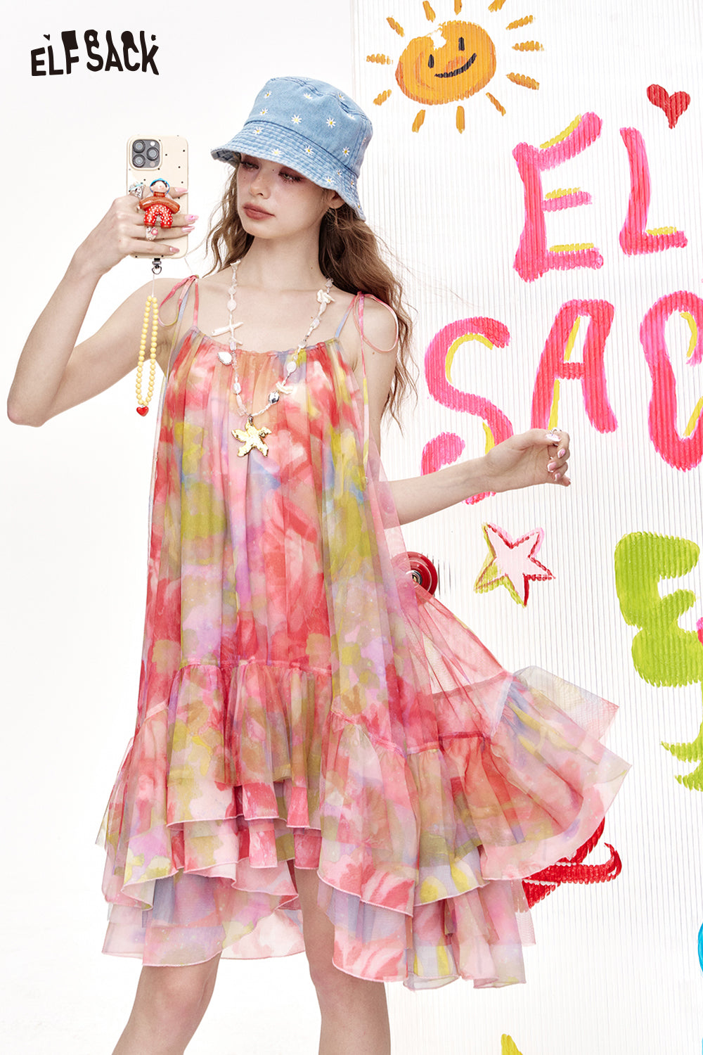 ELFSACK Dopamine Gradient Chiffon Camisole Chic Dress
