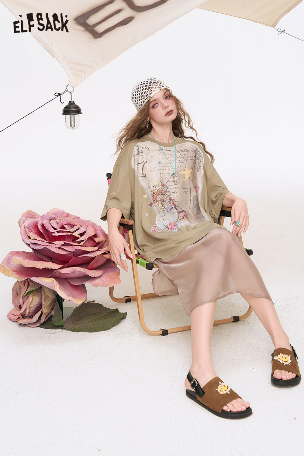 ELFSACK Mesh Printed Short Sleeve Casual Dress