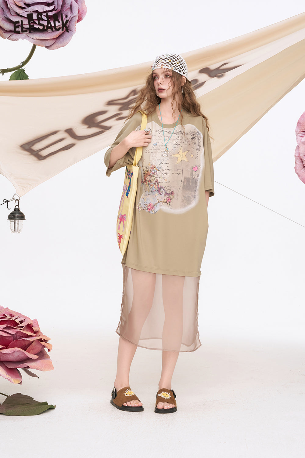 ELFSACK Mesh Printed Short Sleeve Casual Dress
