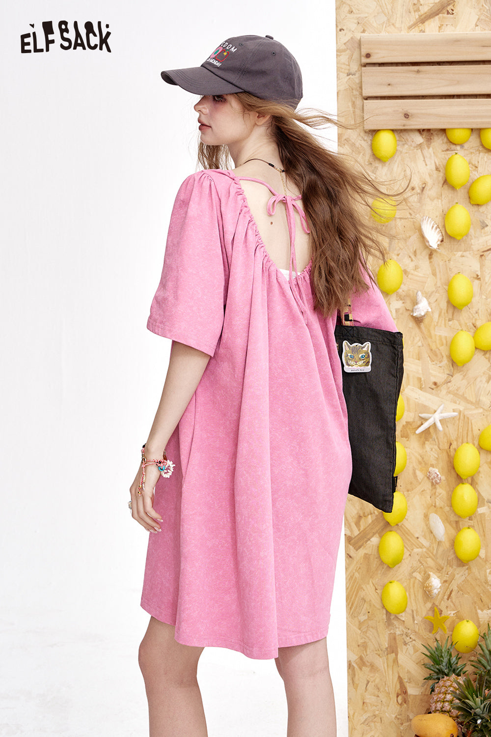 ELFSACK Printed Short Sleeved Loose Casual T-Shirt Dress