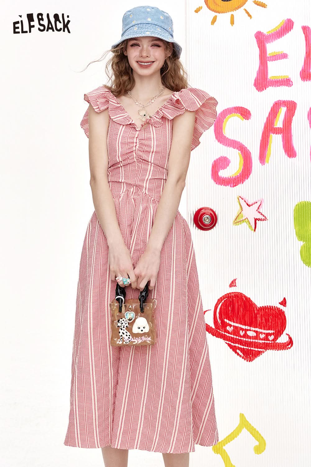 ELFSACK Pink Checkered High Waisted A-Line Dress