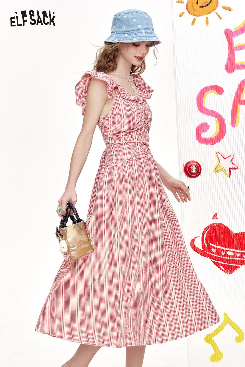 ELFSACK Pink Checkered High Waisted A-Line Dress