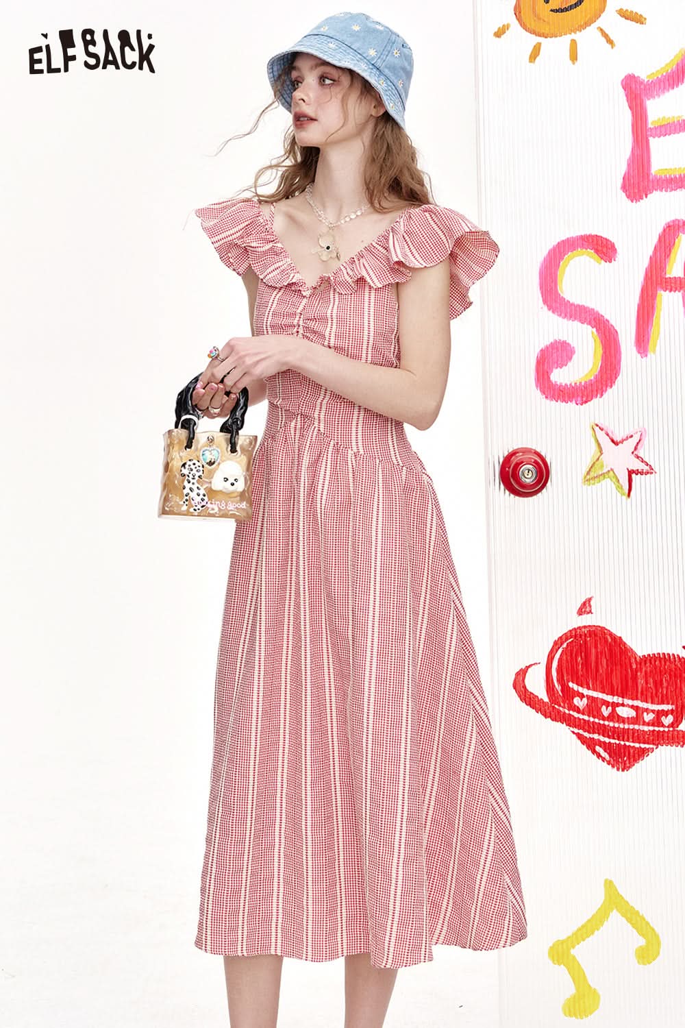 ELFSACK Pink Checkered High Waisted A-Line Dress