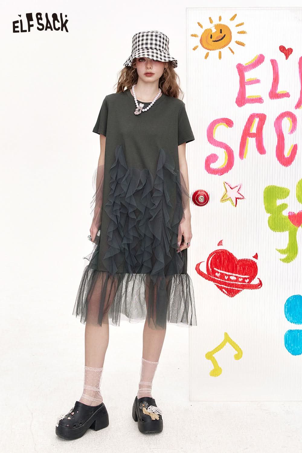 ELFSACK Irregular Mesh Splicing Casual T-Shirt Dress
