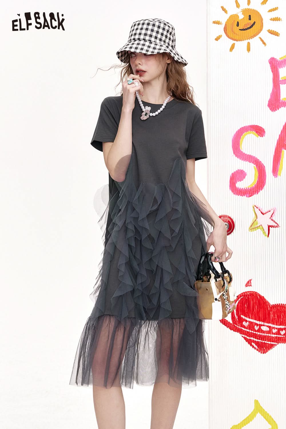 ELFSACK Irregular Mesh Splicing Casual T-Shirt Dress