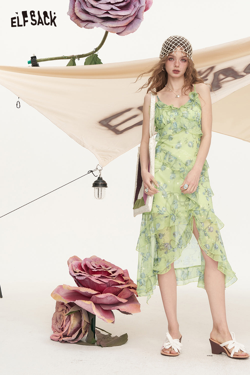 ELFSACK Chiffon Floral Suspender Chic Dress