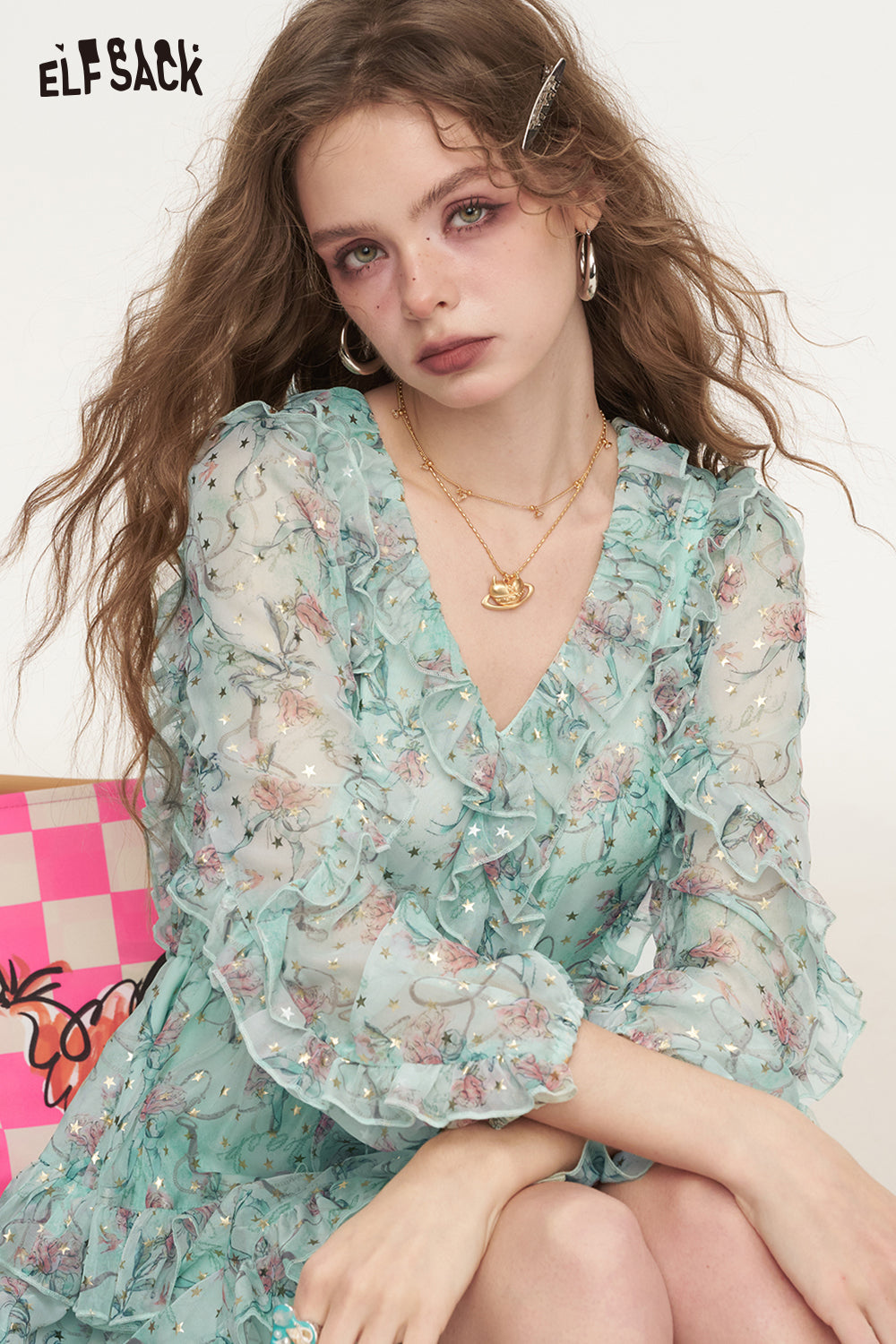ELFSACK V-Neck Ruffled Floral Chic Dress