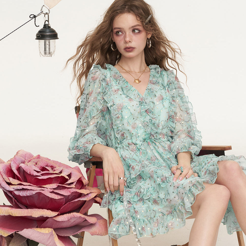
                  
                    ELFSACK 2025 Summer New Arrivals V-Neck Ruffled Floral Chic Dress For Women
                  
                
