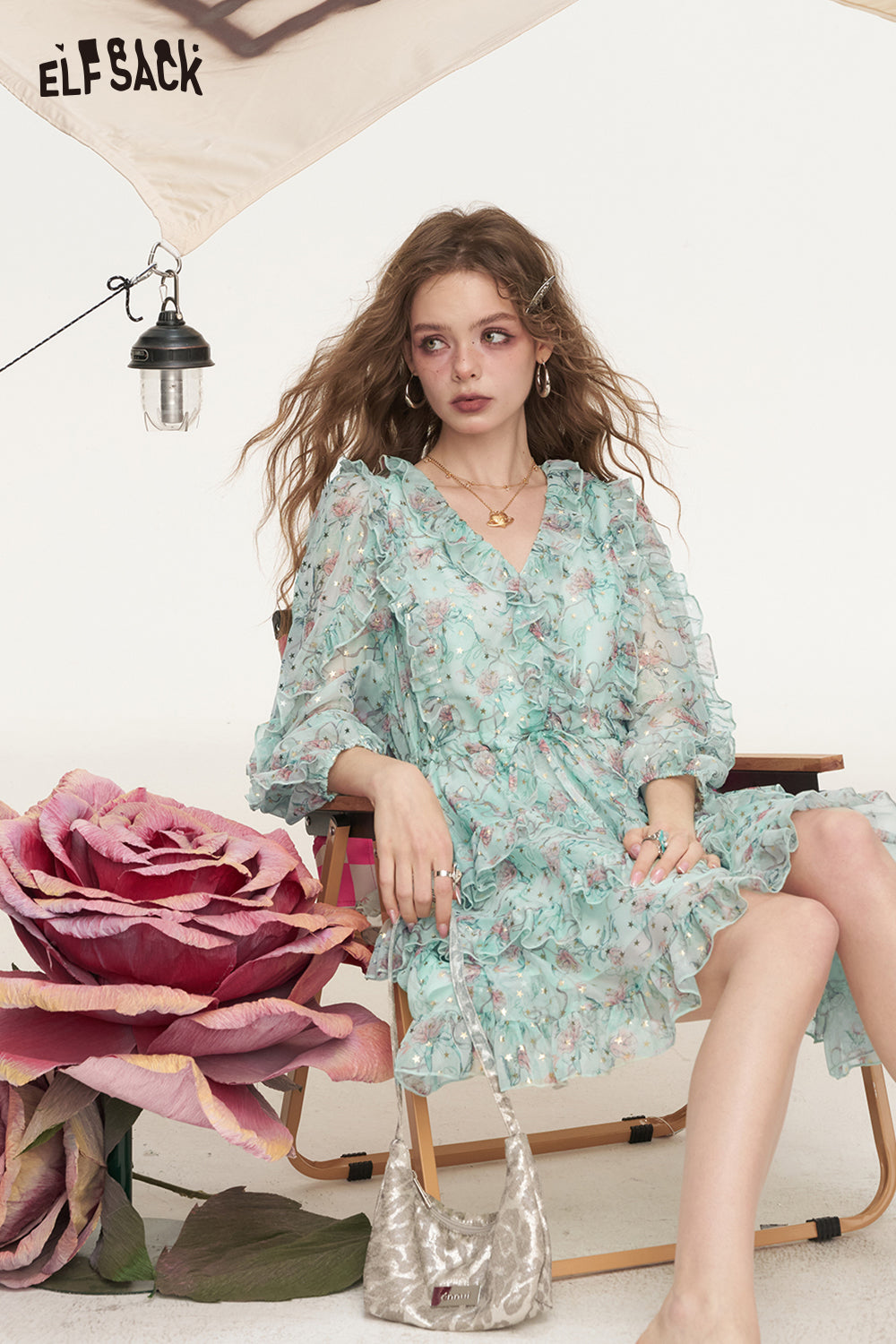ELFSACK V-Neck Ruffled Floral Chic Dress