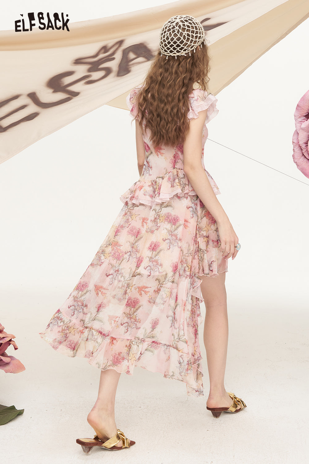 ELFSACK Xiaofei Sleeve Irregular Floral Chic Dress