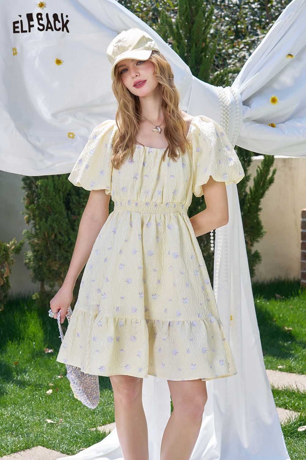 ELFSACK Square Neck Bubble Sleeves Floral Chic Dress
