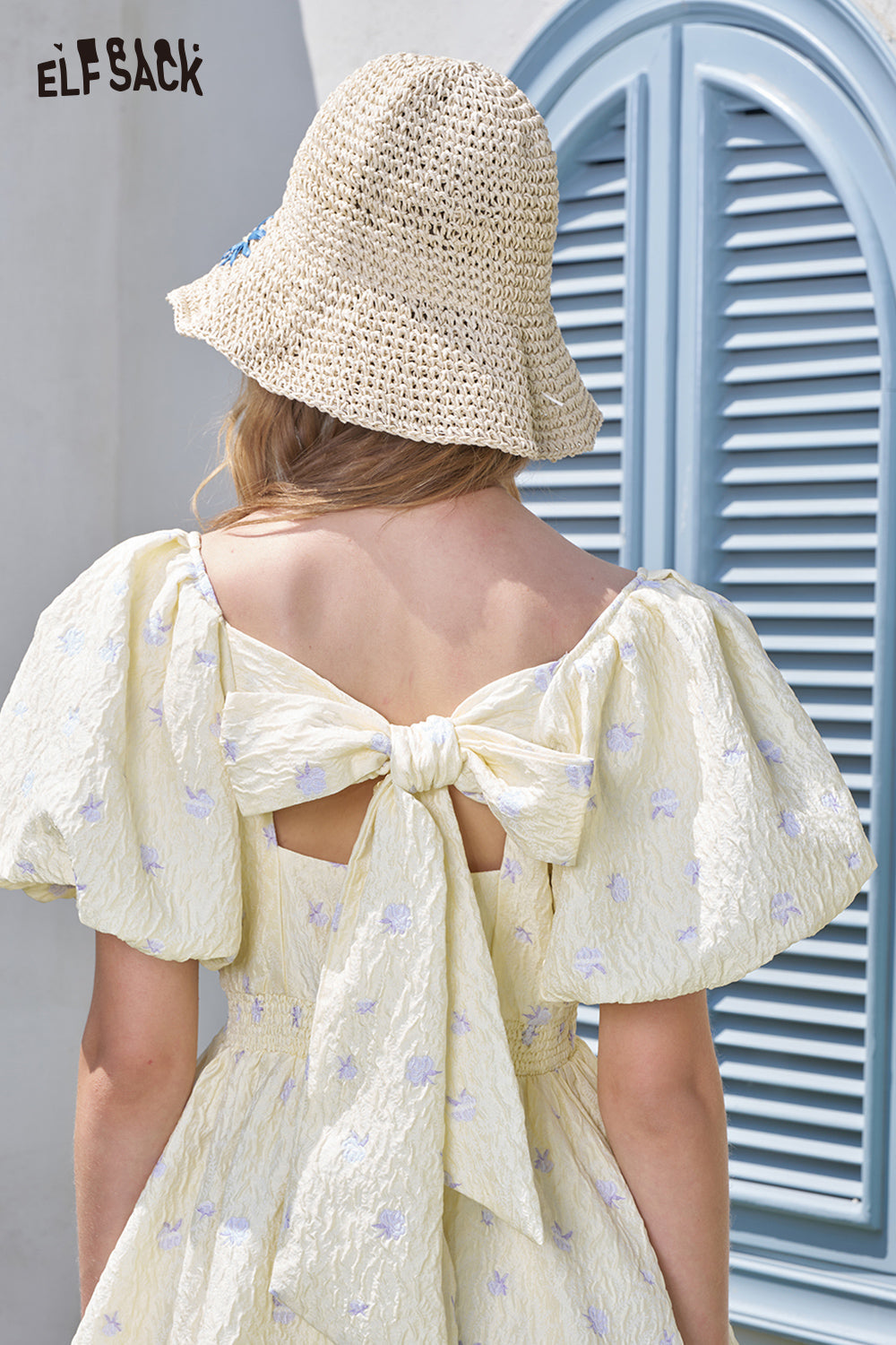 ELFSACK Square Neck Bubble Sleeves Floral Chic Dress