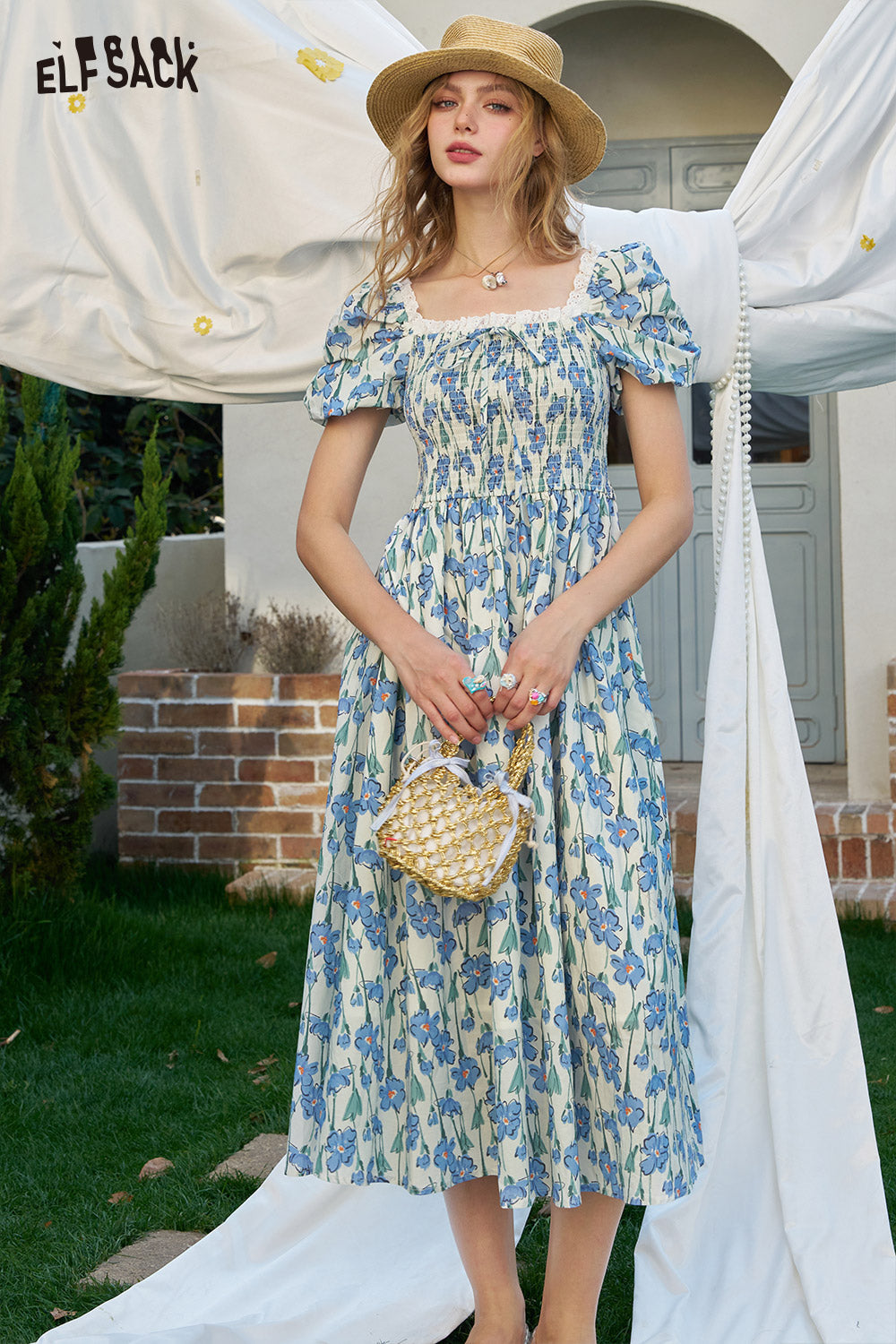 ELFSACK French Floral Waist Cinching Chic Dress