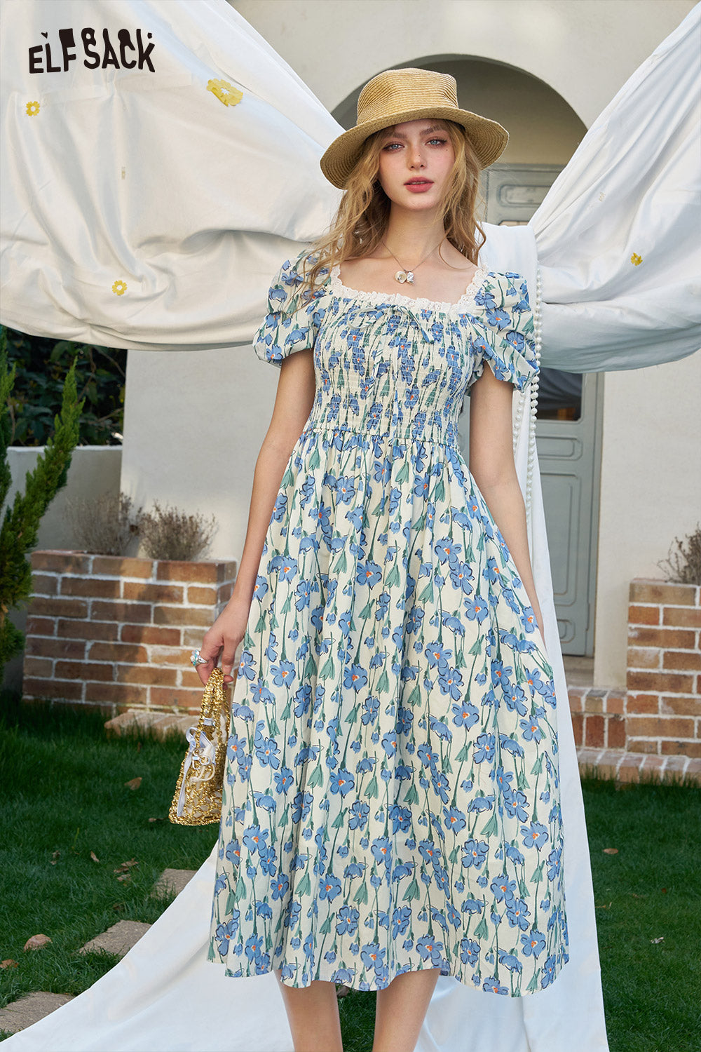 ELFSACK French Floral Waist Cinching Chic Dress